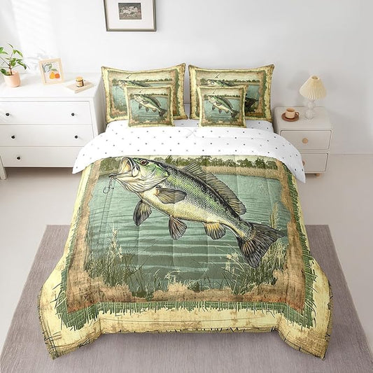 Feelyou Kids Fishing and Hunting 7 Piece Bedding Set King Size Pike Fish Bed in a Bag for Boys Bedroom Decor Bass Big Fish Comforter Set with Sheets,Pillowcases & Pillow Covers Vintage Soft