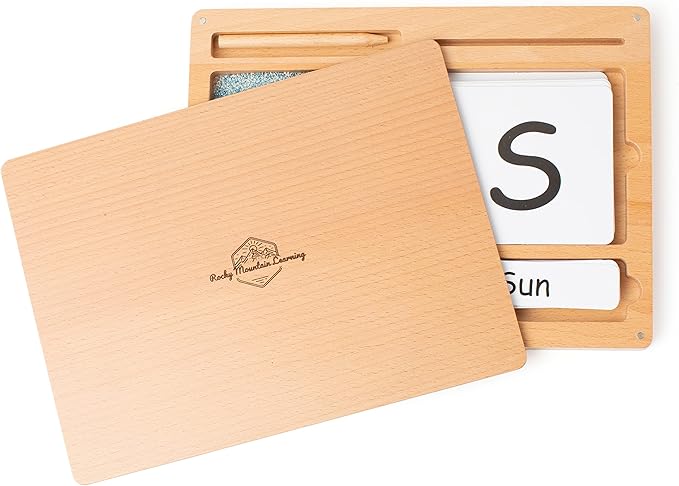 Montessori Sand Tray for Kids 3 4 5 6 Years Old Sand Writing Tray Learning Sensory Toy Educational Alphabet and Phonic Words Comes with Sand, Tray, Lid, 2 Sets of Flashcards, Stylus (Charcoal)