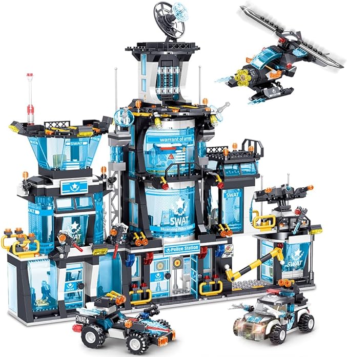 MindBox City Police Station Building Set with Police Car & Helicopter,1430pcs Building Block Toy Gift for Boys 8-12