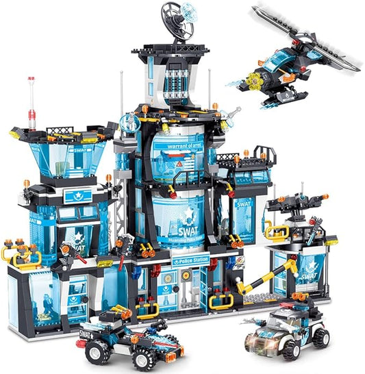 MindBox City Police Station Building Set with Police Car & Helicopter,1430pcs Building Block Toy Gift for Boys 8-12
