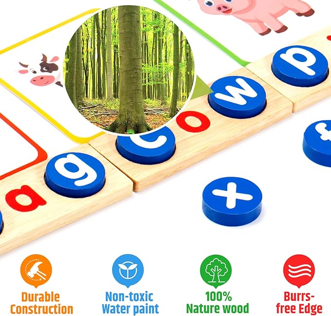 Wooden CVC Word Spelling Games, Educational Toys for 3-6 Years Old Kids，Kindergarten Learning Activities, See and Spell Learning Toys for Kids 3-5