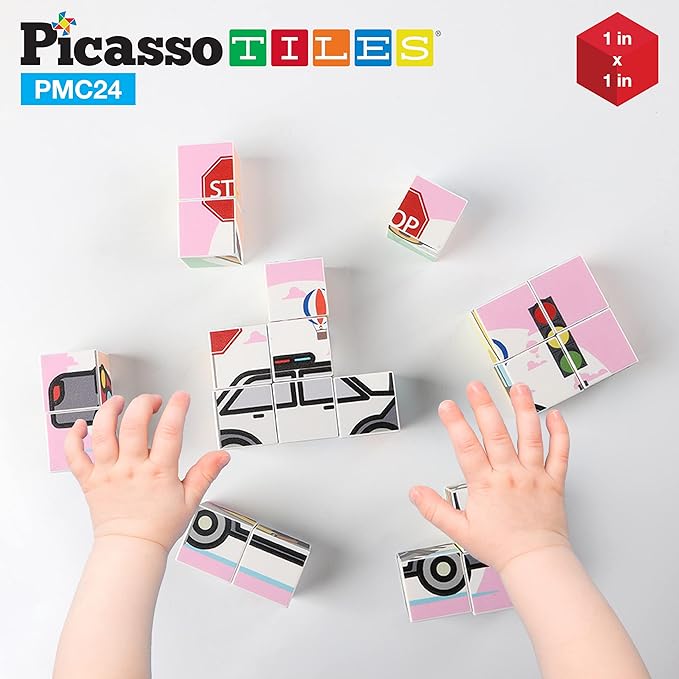Picasso Cubes Magnetic Cube Puzzle 6-in-1 Vehicle Theme Pattern Magnet Brain Teaser Cubes Building Block 120 Pictures Toy Set Kids Ages 3 & Up Preschool Children Promotes Problem PMC24