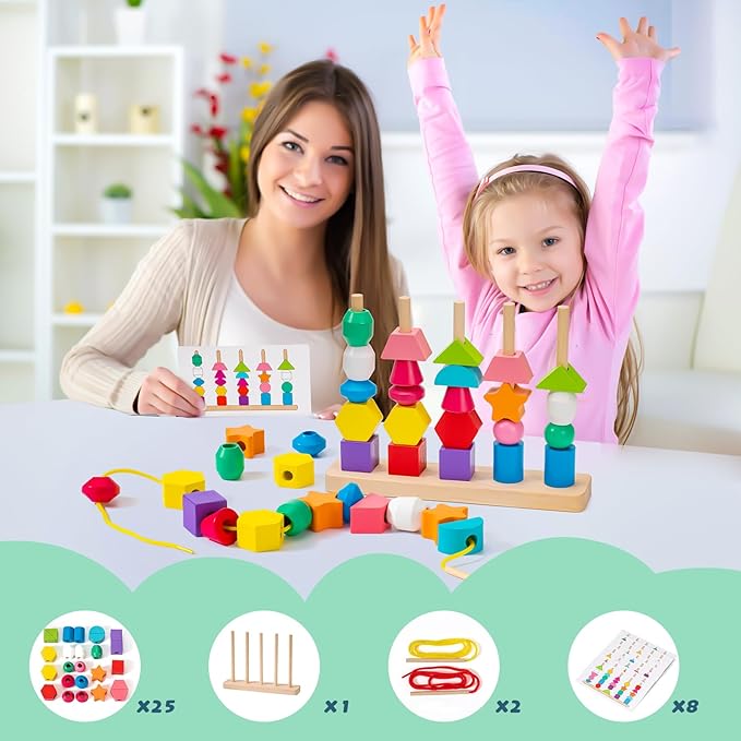 Montessori Toys Bead Sequencing, Wooden Lacing Beads & Matching Shapes Colors Stacking Toy for 2 3 4 5 Year Old, Toddlers Preschool Learning Fine Motor Skills Toys