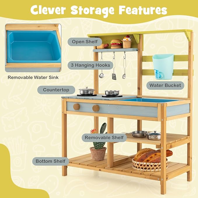 HONEY JOY Mud Kitchen, Fir Wood Outdoor Play Kitchen for Toddlers, Removable Sink, Real Water Tank with Faucet, Utensils, Pretend Play Mud Kitchen for Kids Outdoor, Gift for Boys Girls, Natural