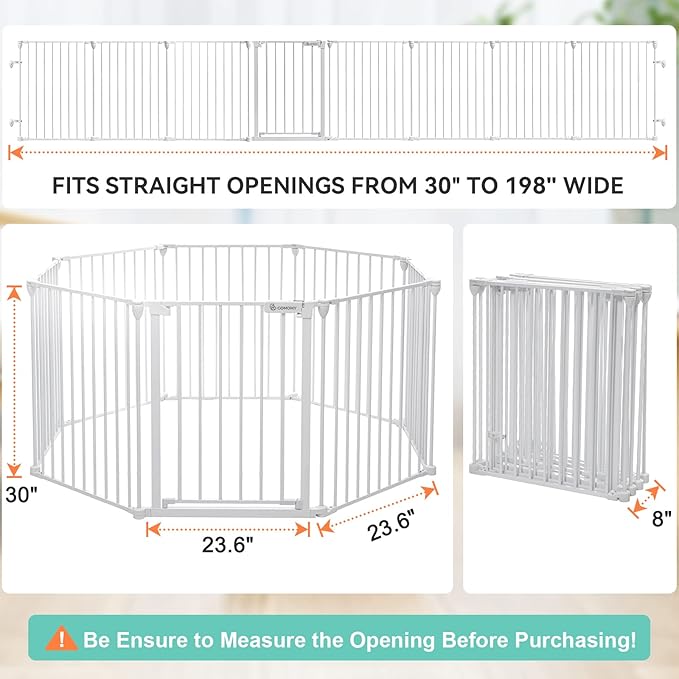 COMOMY 198" Baby Gate Extra Wide, Dog Gate Pet Gate for House Stairs Doorways Fireplace, Adjustable 3 in 1 Play Yard Child Safety Gate, Auto Close, Hardware Mounted (30" Tall, White)