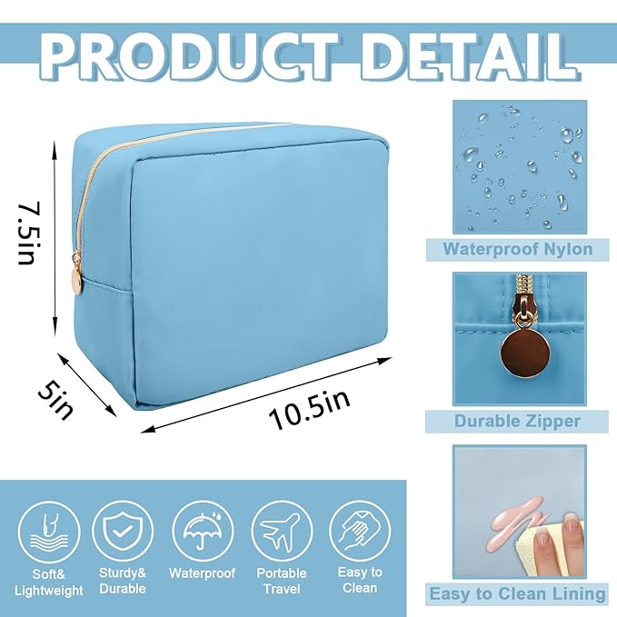 UIXIZQ Large Makeup Bag Pouch,Nylon Women Travel Toiletry Storage Bag Preppy Cosmetic Bag for Girls,Big Makeup Organizer Bag Cute Zipper Pouch Skincare Bag for Sport Work Gift(Large-Periwinkle)
