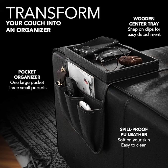 Couch Remote Caddy Control Holder Sofa Organizer with Detachable Wooden Snack Tray for Recliner Mattresses Chair Armrests with 4 Slots - 1 Large Pockets and 3 Small Pockets (Black)