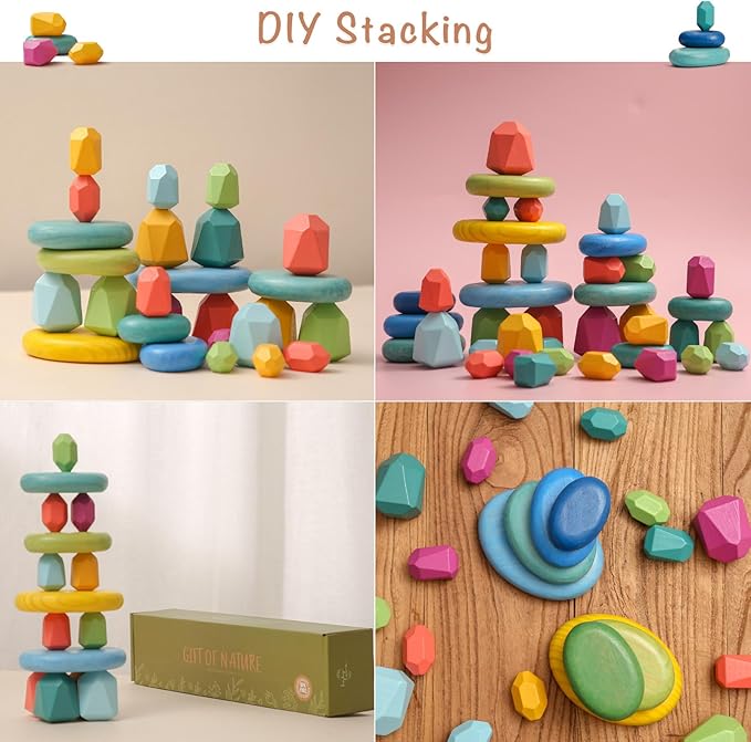 OESSUF Stacking Rocks 26Pcs Stacking Blocks Balancing Stacking Stones Wooden Building Toys Wood Stone Stacking Game for Toddler Sorting Preschool Educational Montessori Stacking Rocks for Kids