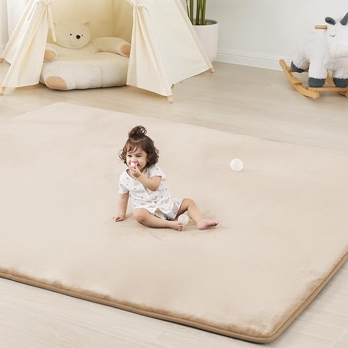 1.3" Thick Baby Floor Play Mat 79x118, Basic Padded Foam Mat for Tummy Time Crawling, Non Slip Cushioned for Babies Toddlers Infants Kids (Beige)