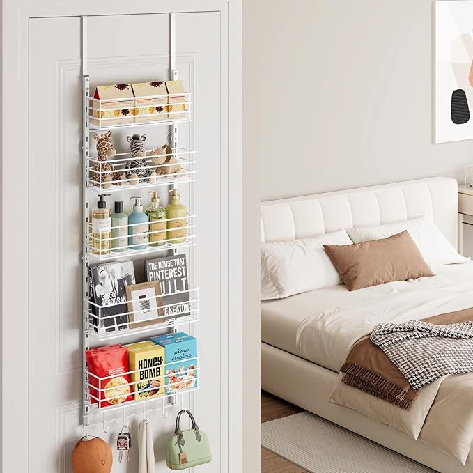 SWTYMIKI Over The Door Organizer - Door Organizer Hanging with 5 Adjustable Metal Large Capacity Basket and 6 Coat Hook, Wall Mounted Shelf for Bedroom Closet Bathroom Laundry Pantry Cabinet Kitchen