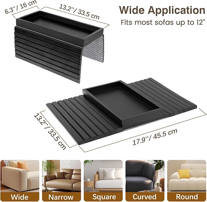 Couch Arm Tray, Bamboo Sofa Table for Couch, Sofa Armrest Tray Table, Anti-Slip Armrest Organizer, Foldable Couch Cup Holder for Snacks, Phone, Control, Cups, Black