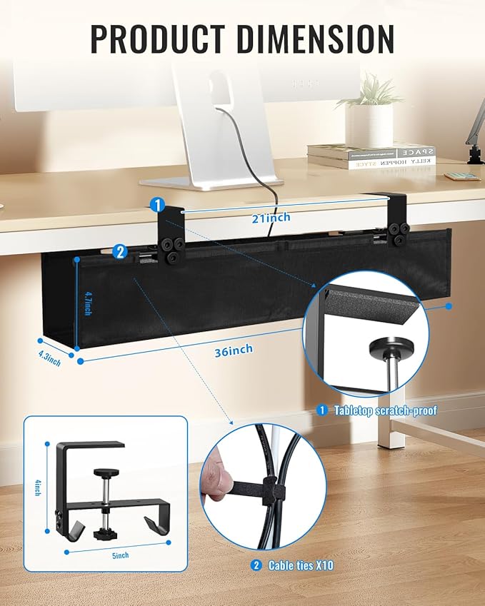 36" No Drill Under Desk Cable Management Tray - Upgraded Oxford Fabric with Cable Loop, No Damage to Table for Standing Desks and Home Office (Large (36 Inch))