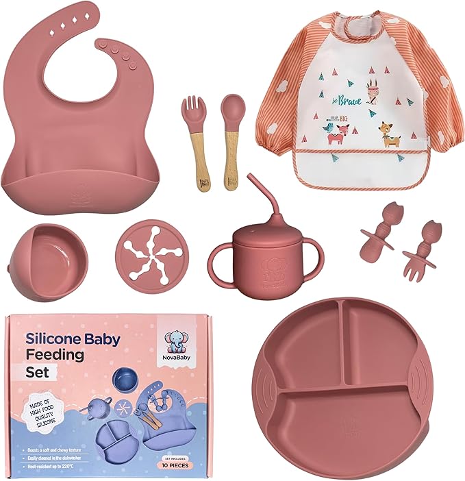 Silicone Baby Feeding Set, Eating Utensils with Suction Plate and Bowl, Baby Led Weaning Supplies, Toddler Self Feeding Dish Set with Waterproof Full Sleeve Bib, Spoon, 10pcs (Pink)