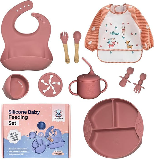 Silicone Baby Feeding Set, Eating Utensils with Suction Plate and Bowl, Baby Led Weaning Supplies, Toddler Self Feeding Dish Set with Waterproof Full Sleeve Bib, Spoon, 10pcs (Pink)