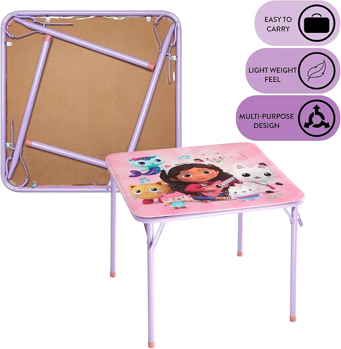 Idea Nuova Gabby's Dollhouse 3 Piece Children's Activity Square Table and 2 Folding Chairs Set, Ages 3+