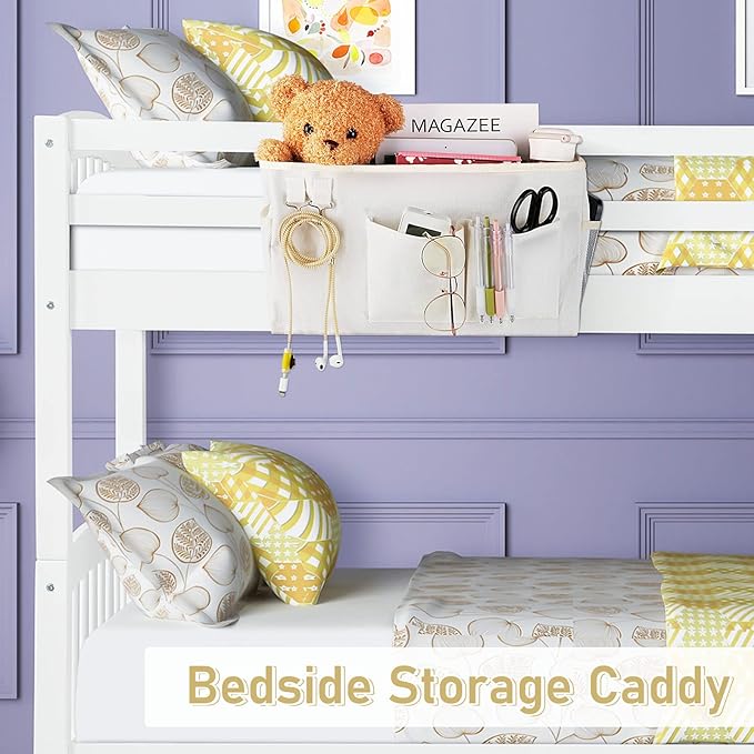 Bedside Caddy Bedside Organizer Hanging Storage Bag for Bunk College Dorm Bed and Hospital Beds with Magazine Water Bottle Phone Holder (2Pack White)