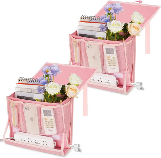 Bedside Caddy Bedside Storage Organizer Bedside Organizer with Power Strip Holder and 2 Adjustable Straps for Home Bunk Bed College Dorm Sofa (2 Pack Pink)