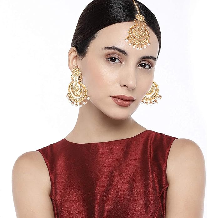 Aheli Bollywood Ethnic Chandbali Style Big Earrings Maang Tikka Set Traditional Fashion Jewelry Gift for Women