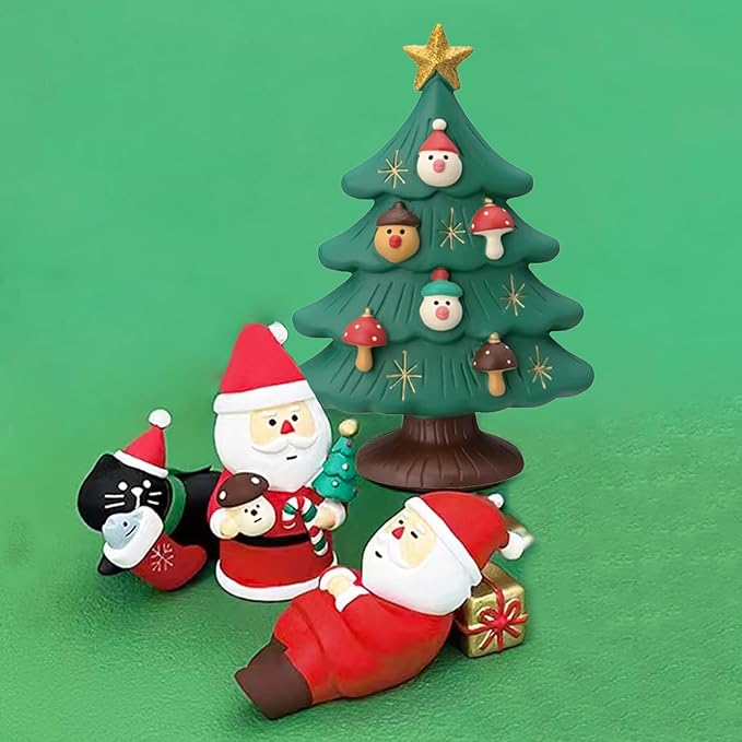 Set of 4 Mini Christmas Figurines - Christmas Tree, Black Cat and Two Santa, Cute Resin Decorations for Christmas, Perfect for Fairy Garden and Christmas Decor Gifts