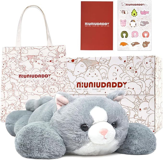 Niuniu Daddy Weighted Stuffed Animals for Anxiety, 3.3lbs Weighted Cat Plushies Toy for Adults Kids, 20‘ Large Grey Stuffed Cat Plush Pillow as Gift for Valentine Birthday Include Bag, Stickers, Card