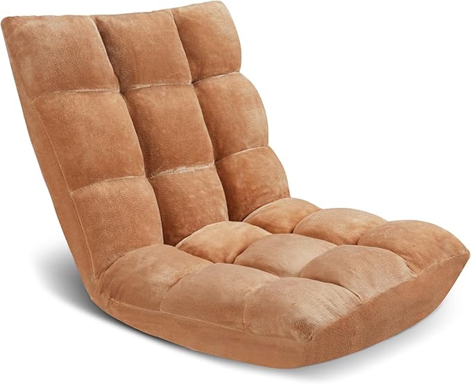 Folding Floor Chair 14-Position Cushioned Adjustable Floor Lazy Sofa Chair w/Breathable Cotton & Skin-Friendly Flannel for Adults & Kids Ideal for Reading Meditating, Camel