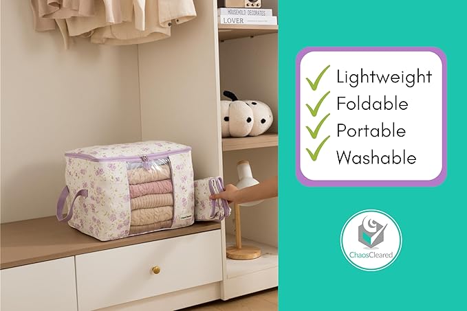 Canvas Storage Bags 2 Pack Designer Organizer bags for Clothes, sweaters, clothing, garments, quilt, linens, large folding organizers with zip & window, moth proof space saver Purple floral Print