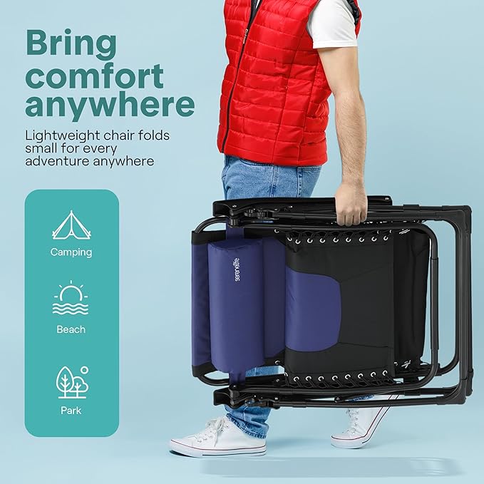 SereneLife Padded Zero Gravity Recliner Chair – Adjustable Foldable Lounge Chair with Side Table, Cup Holder & Headrest, Lockable Recline, Blue & Black, for Patio, Lawn, Camping, or Outdoor Relaxation