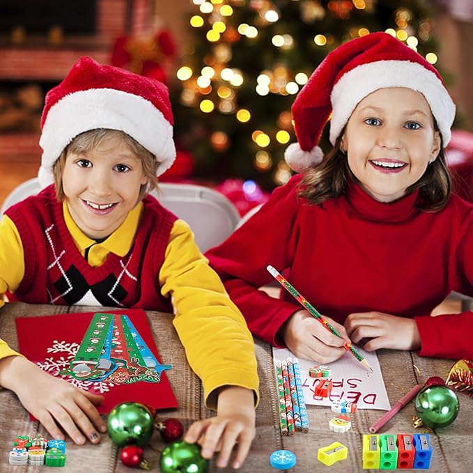 Christmas School Stationery Set with Rulers Pencils Erasers Stickers Treat Bags Party Favors for Kids Students Classroom Gift Exchange School Games Prizes Reward Carnival Holiday Gifts