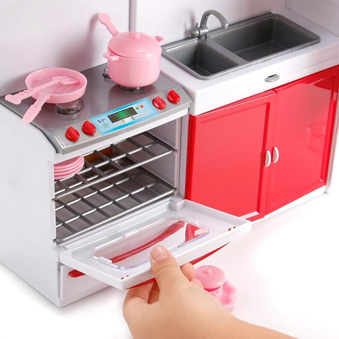 Gourmet Red Doll Modern Kitchen Mini Toy Playset with Lights and Sounds, Perfect for 12 Inch Dolls