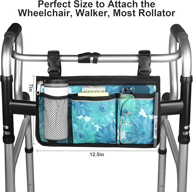 Wheelchair Side Bag, Upgrade Flower Color Wheelchair Armrest Storage Pouch with Cup Holder and Reflective Strip, Made with Waterproof Fabric, for Most Wheelchairs, Walkers and Rollators (Blue Floral)