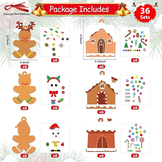 36 Sets Christmas DIY Art Craft Kits Gingerbread Men and House Ornament Art Sets Winter Christmas Stickers Arts and Crafts Bulk for Kids Winter Holiday Xmas Classroom Activities Games Party Decoration