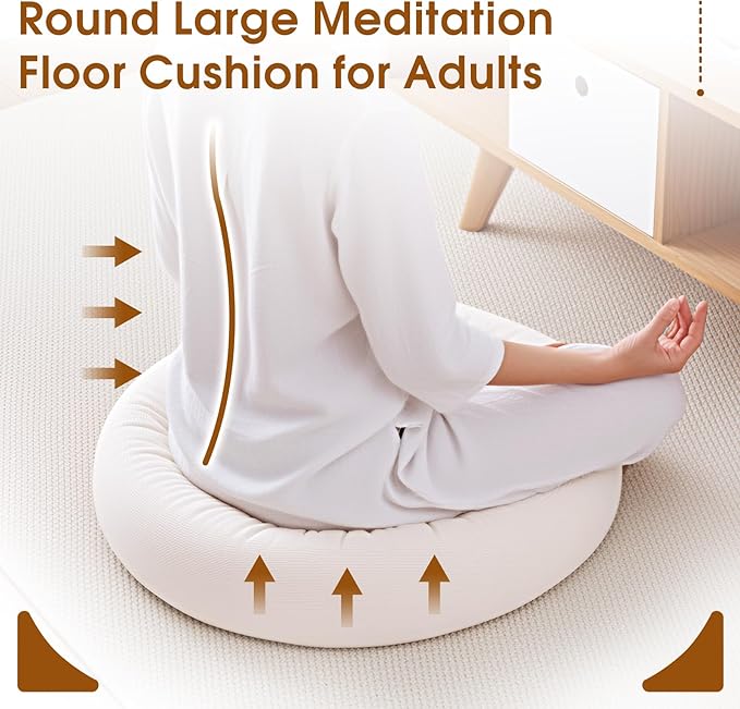 2Pcs Floor Pillows for Adults, 22x22 Inch Meditation Cushions, Large Round Sitting Cushion Living Room Memory Foam Pillow for Sitting (1, Beige, 22x22x4 Inch)