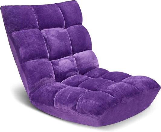 Folding Floor Chair 14-Position Cushioned Adjustable Floor Lazy Sofa Chair w/Breathable Cotton & Skin-Friendly Flannel for Adults & Kids Ideal for Reading Meditating, Purple