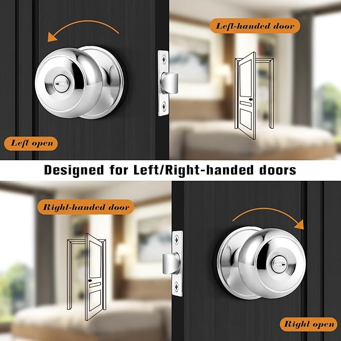 Probrico Polished Chrome Door Knobs, Interior Door Knobs with Round Ball Knob, Nickel Privacy Door Knob for Bedroom Bathroom, 4 Pack