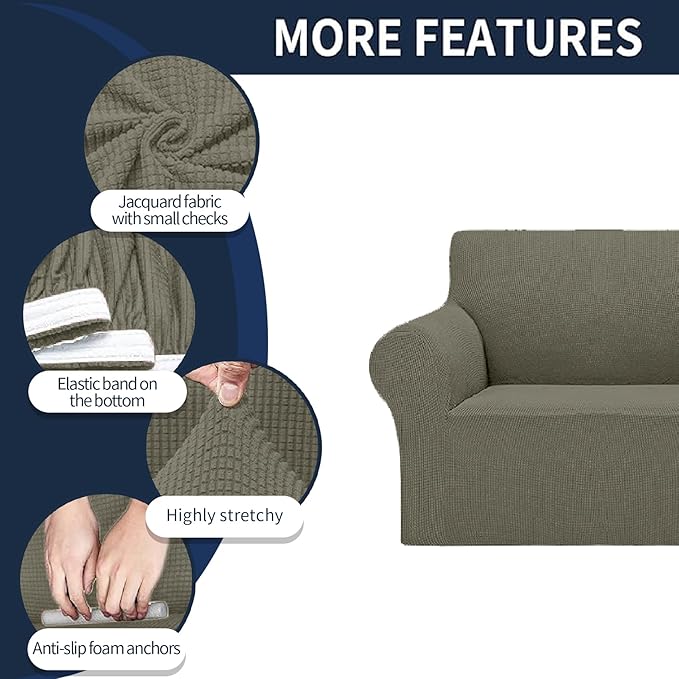 2025 New Stretch Chair Sofa Slipcovers Couch Cover for 1 Seater Furniture Protector Sofa Covers with Elastic Bottom Jacquard Fabric Small Checks for Pets, Kids - Khaki