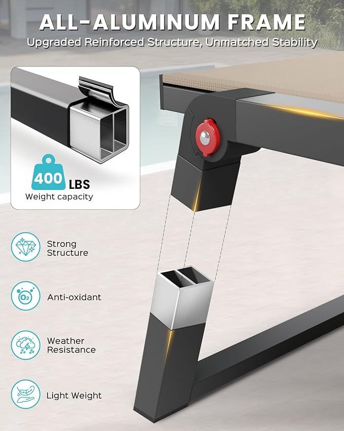 Aluminum Chaise Lounge Chair Outdoor, Foldable & Assembly Free Patio Pool Lounge Chairs 5-Position Recliner for Outside Poolside, Fully Grounded Legs Sun Lounger for Beach, Yard, Khaki