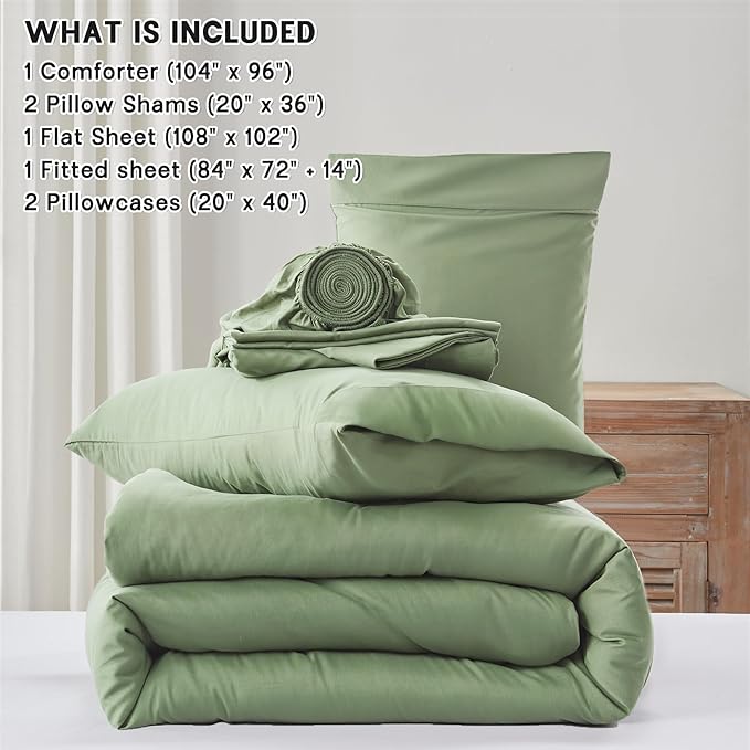 Anluoer Sage Green California King Comforter Set 7 Pieces, Bed in a Bag with Sheets, All Season Bedding Sets with 1 Comforter, 2 Pillow Shams, 2 Pillowcases, 1 Flat Sheet, 1 Fitted Sheet