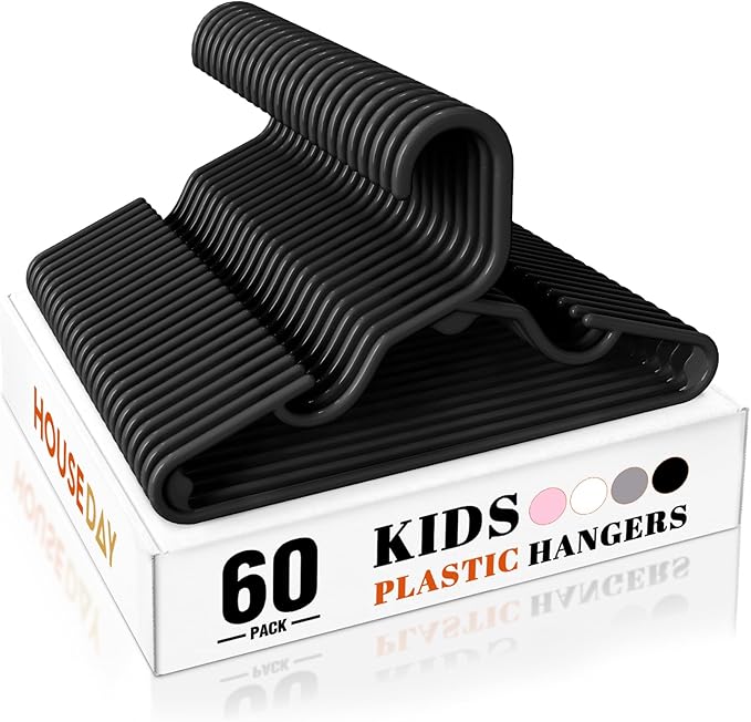 HOUSE DAY Premium Baby Hangers 60 Pack, 11 Inch Kids Plastic Hangers Black, Slim Childrens Hangers for Infant, Toddler, and Child Clothes, Durable Baby Clothes Hangers for Closet