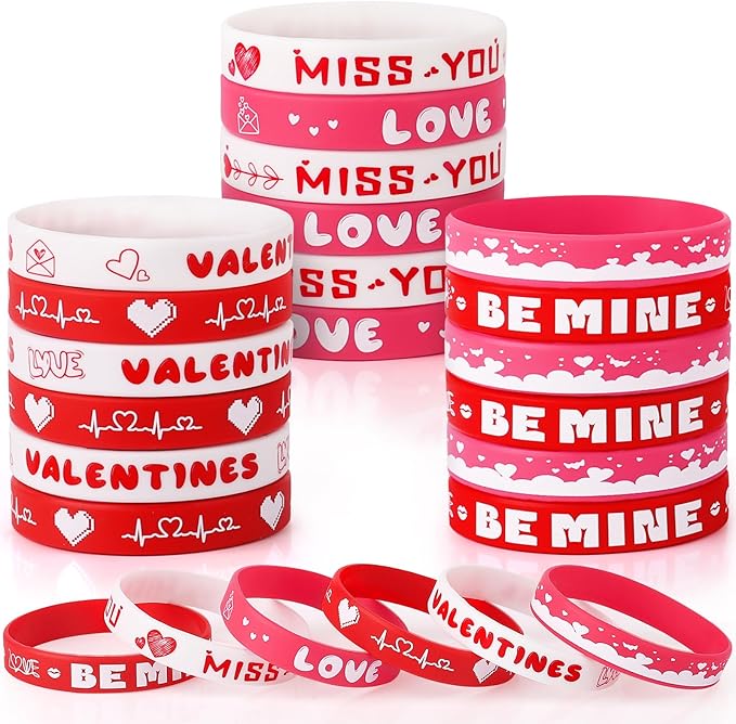 48pcs Valentine's Day Silicone Wristband Happy Valentine's Day Party Favors Pink Red Love Heart Rubber Bracelets Adults Valentine's Day gifts for Kids Classroom Festival Prizes, 6 Designs