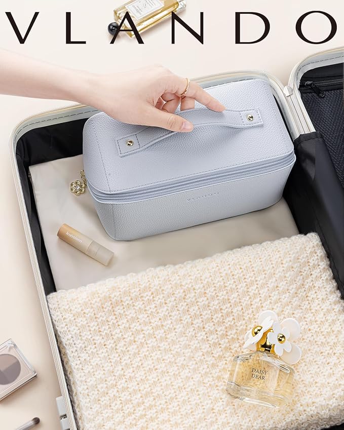 Vlando Makeup Bag,Large Capacity Toiletry Bag for Women Waterproof Portable Make up Pouch PU Leather Open Flat Cosmetic Bag(Baby Blue)