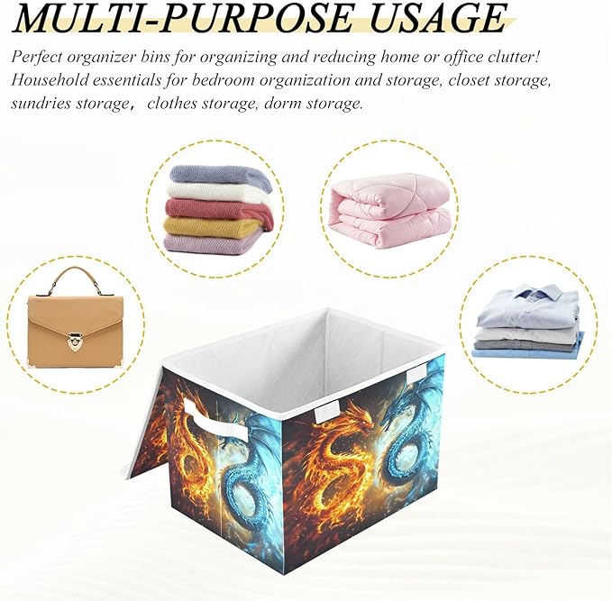 senya Large Storage Bins with Linen Collapsible Foldable Storage Cubes Fabric Closet Organizer Containers box with Flip-Top Lid for Home Bedroom Office 16.7 x 12.6 x 11.8in (Dragon Fire Pattern)