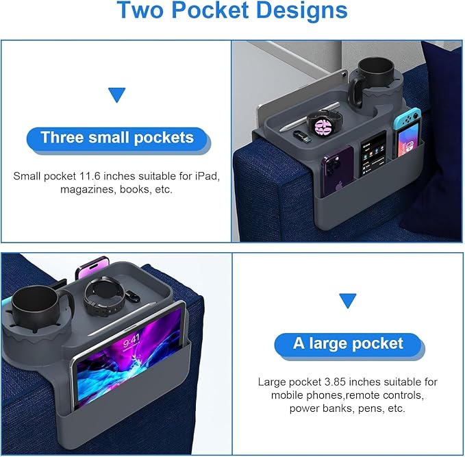 Silicone Couch Cup Holder, Anti-Spill Couch Arm Tray with Side Pockets, Sofa Armrest Tray, Couch Caddy for Drinks, Coffee, Snacks, Cellphone, Remote, Headphones, Glasses(Gray)