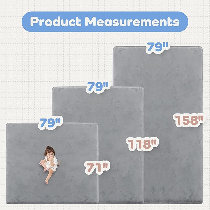 1.3" Thick Baby Floor Play Mat 79x118, Basic Padded Foam Mat for Tummy Time Crawling, Non Slip Cushioned for Babies Toddlers Infants Kids (Light Grey)