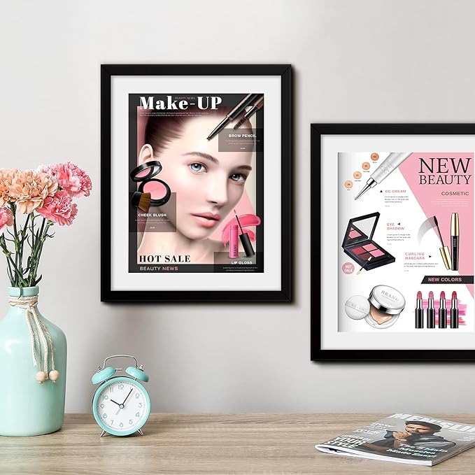 Geetery 4 Pcs Sports Magazine Frame for Wall Fits Measuring 8.5 x 11.25" Magazine Display Frame with Installed Hangers and Core Matting Plastic Comic Book Frames for Wall Hanging(Black , White Mat)