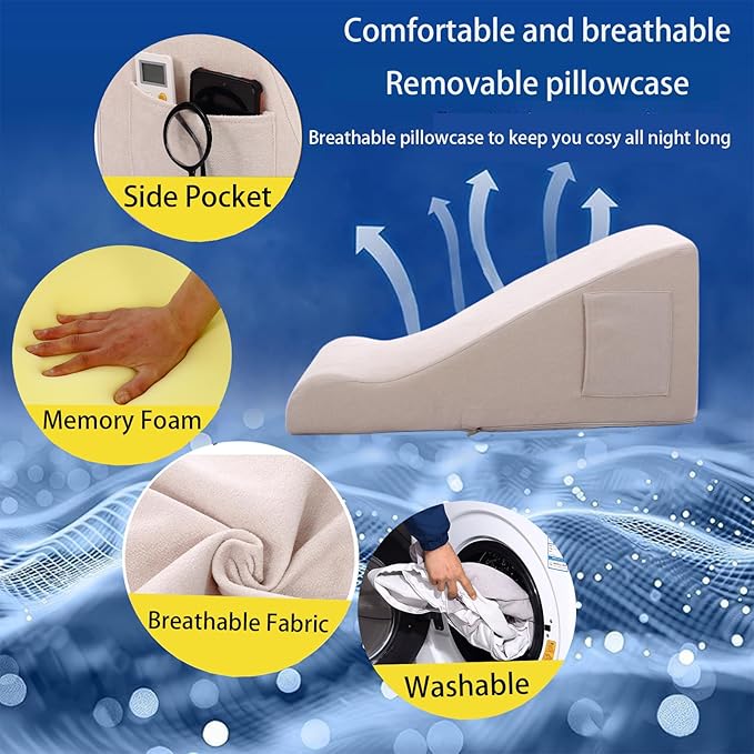 Bed Reading Pillow - Sofa Bed Wedge Pillow - Post-Op Recovery Backrest Pillow - Working Lumbar Support Reading Pillow with Removable Pillowcase Beige 27x20x12in