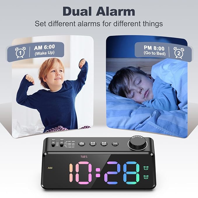 ANJANK Digital FM Radio Alarm Clock for Bedroom, 6.5'' Large Colorful Display for Kids Teens, Weekday/Weekend Dual Alarm, 0-100% Dimmable Brightness, Small Desk Clock with USB Charging Port