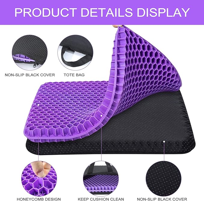 Gel Seat Cushion, for Long Sitting -Double Thick Gel Seat Cushion Breathable Honeycomb Chair Cushion with Non-Slip Cover for Office Chair Car, Wheelchair, Long Trips,Relief Sciatica Pain