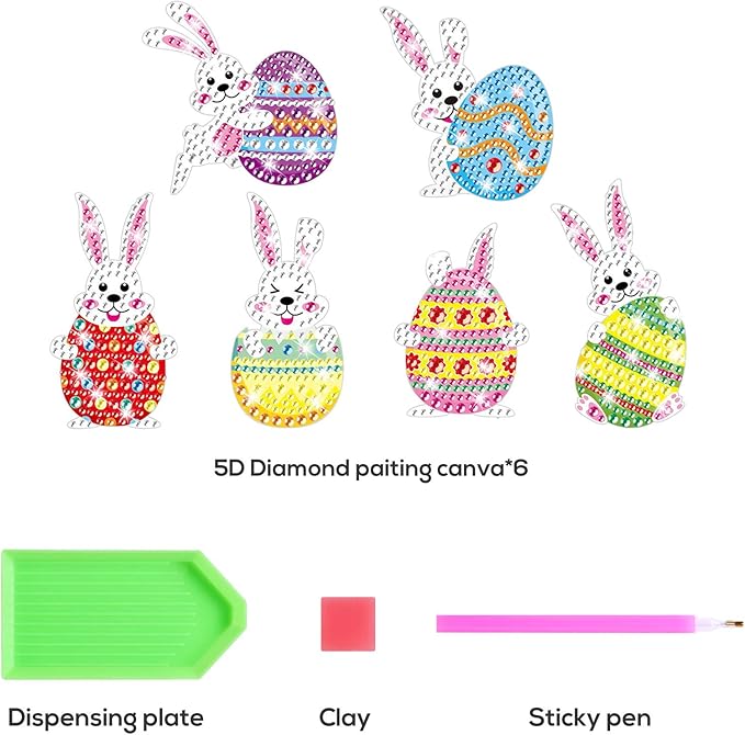 Gem Diamond Art Painting Stickers Kit for Kids,5D Diamond Mosaic Stickers by Numbers Kits Crafts Set for Children, Boys and Girls,Creative Handmade Art Craft Decorations Gift (Bunny with Egg)