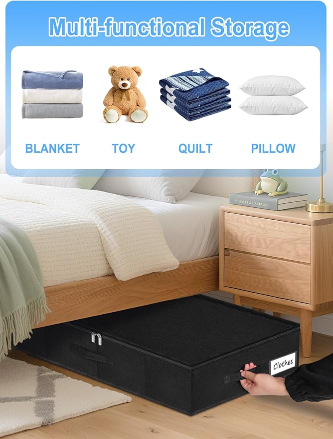 boailydi Under Bed Storage Bags with Zipper, 7 Inch Tall Underbed Storage Containers with Rigid Sides & Bottom,30x15x6.7 Inches, Large Clothes Organizer Box for Bedroom, Dorm, Couch, Black