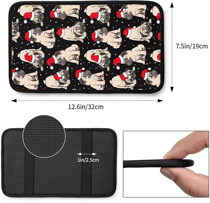 DORKEIXIA Christmas Pug Cute Dog Black and White Auto Center Console Armrest Pad Universal Car Center Console Cover Seat Box Cover for Sedan, Van, SUV, Truck Car Accessorie